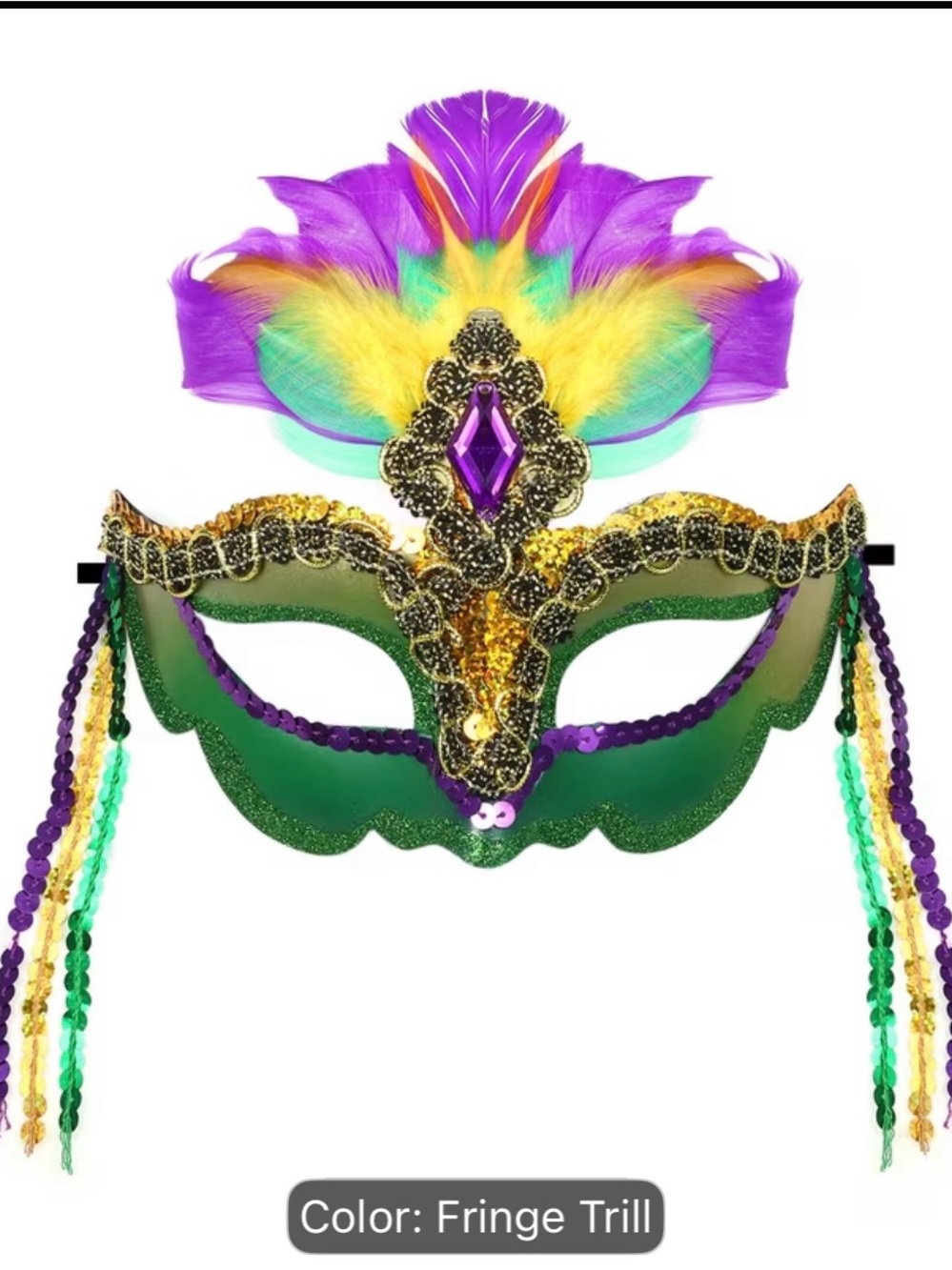 Mardi Gras Feathered Eye Mask in Green & Purple - Unbranded